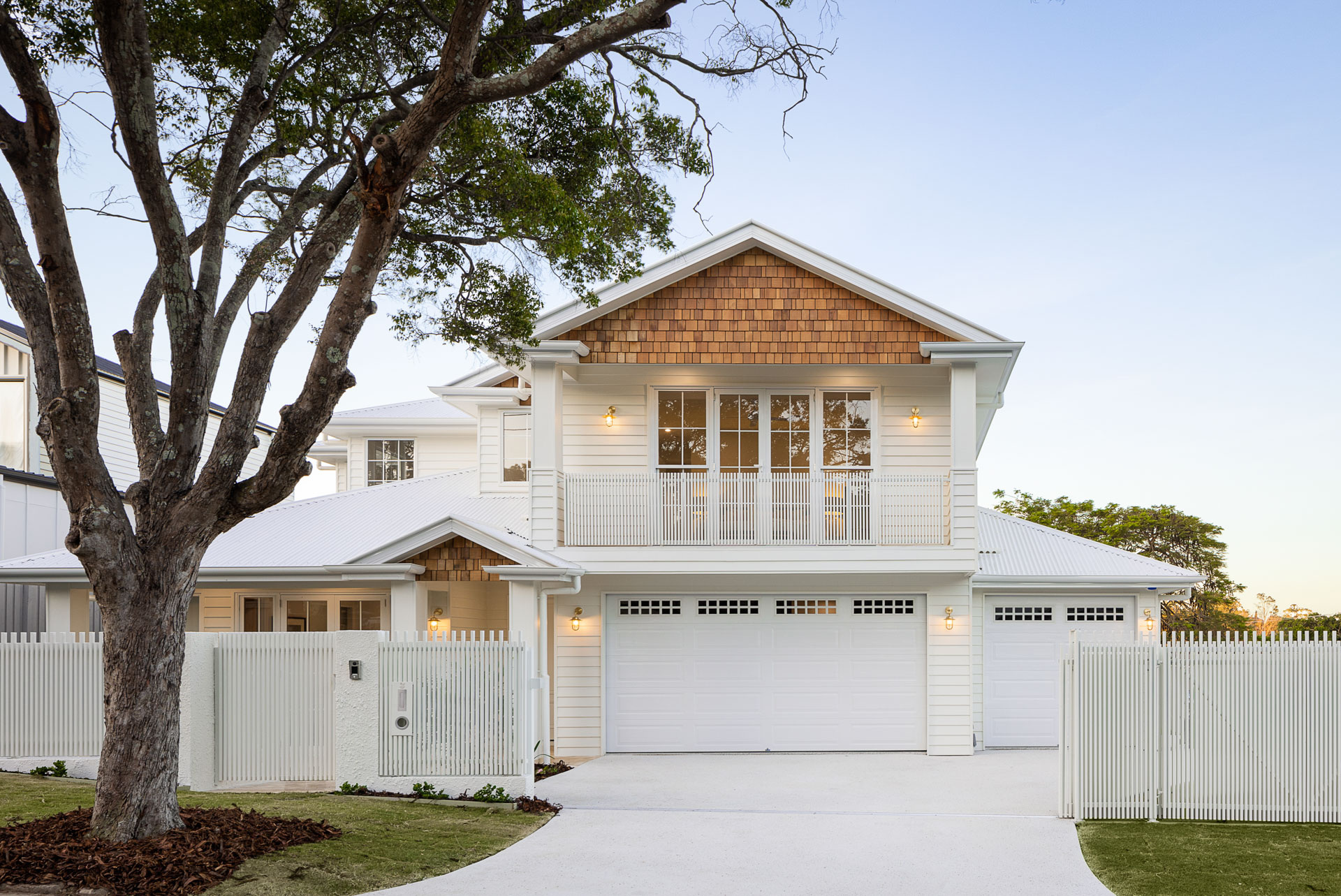 Front elevation of the completed home at Bovill St at dusk