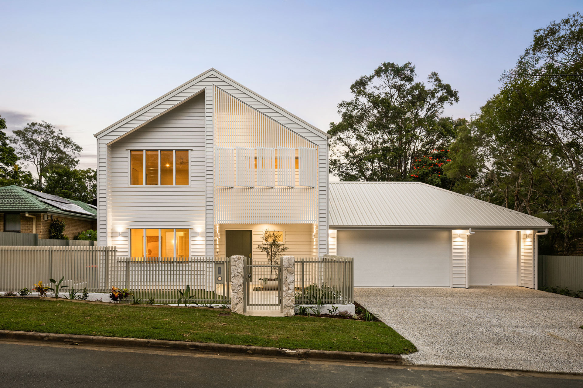 Street elevation lit at dusk