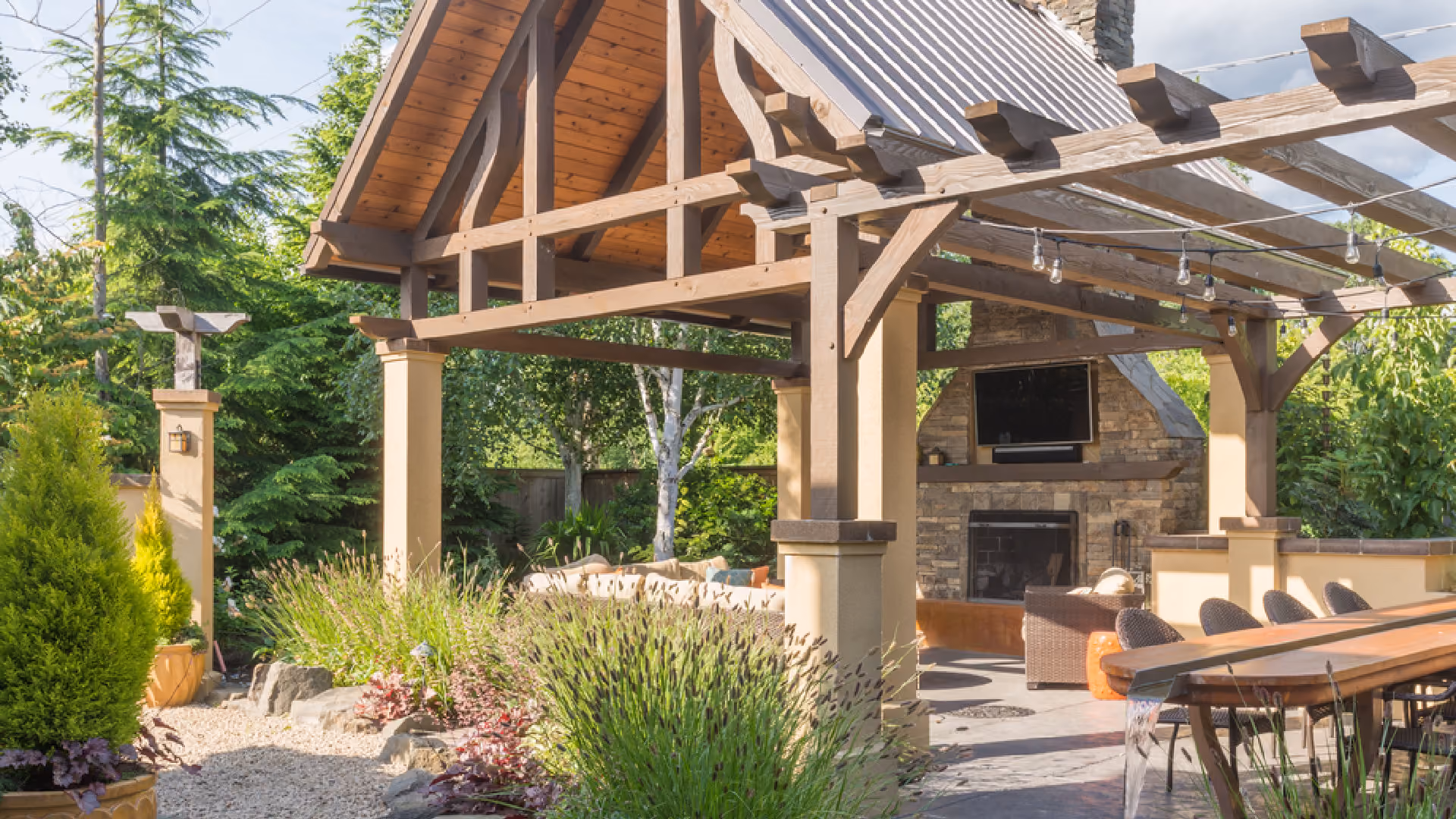 Timber pergola in a landscaped garden