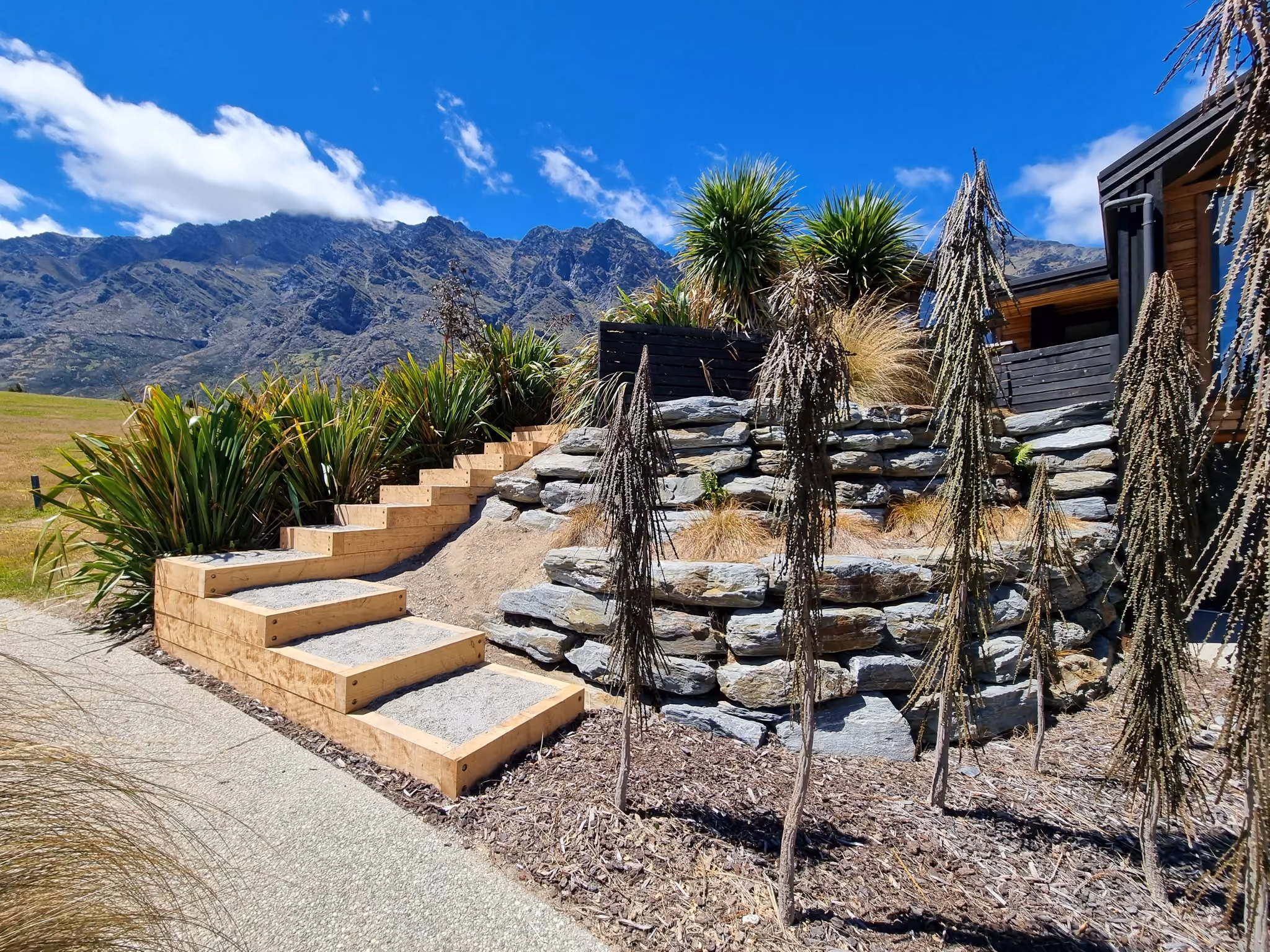 Macrocarpa sleeper steps in a landscaped garden