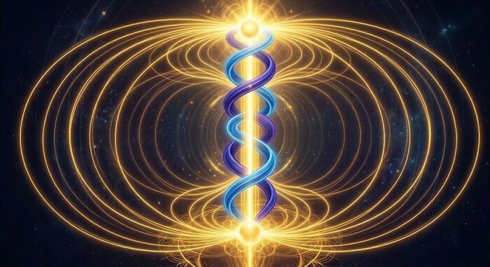 A golden DNA helix within rings of light, visionary-art style