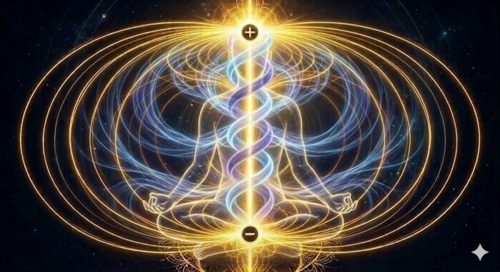 A luminous blue energy figure in meditation, visionary-art style