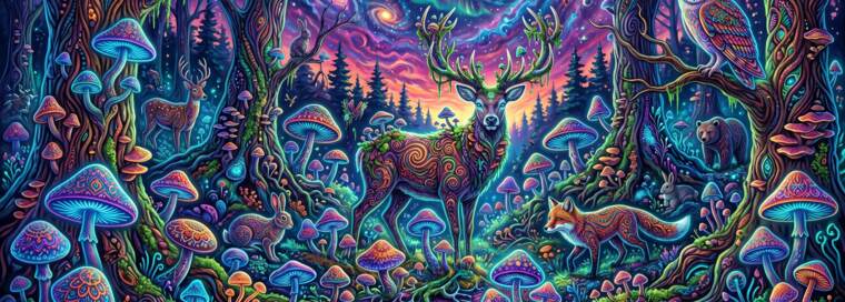 A visionary-art forest scene with deer, fox, owl, and bear among glowing mushrooms