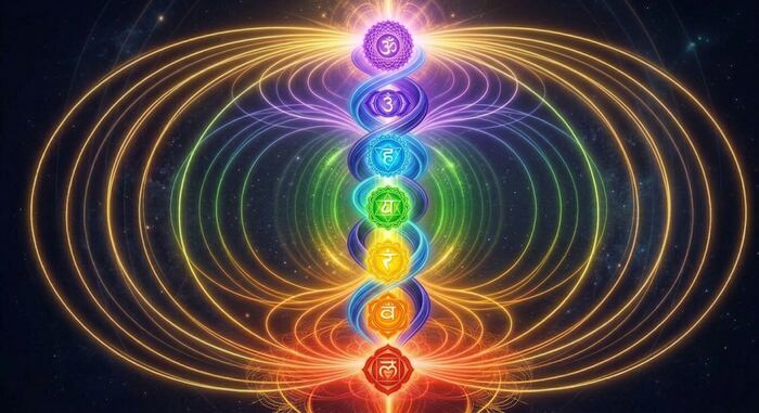 A chakra-colored DNA helix, visionary-art style