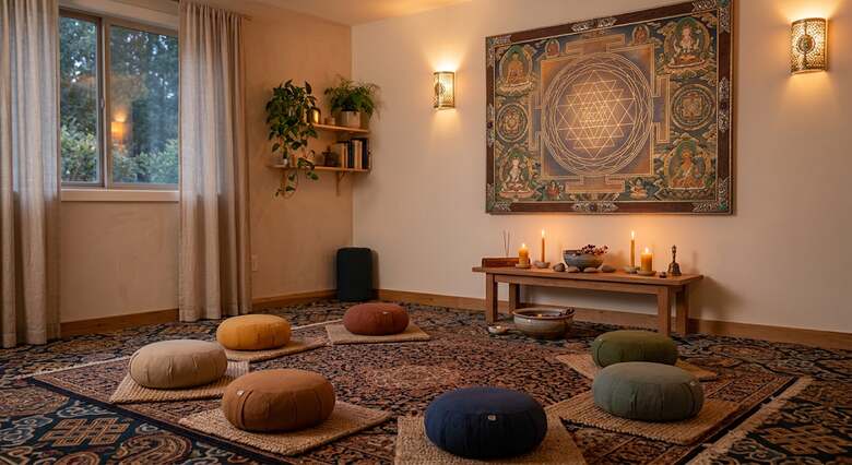 A warm, softly lit meditation room with cushions arranged for a session, illustrative art