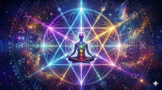 Sacred geometry and zodiac symbolism radiating light, visionary-art style
