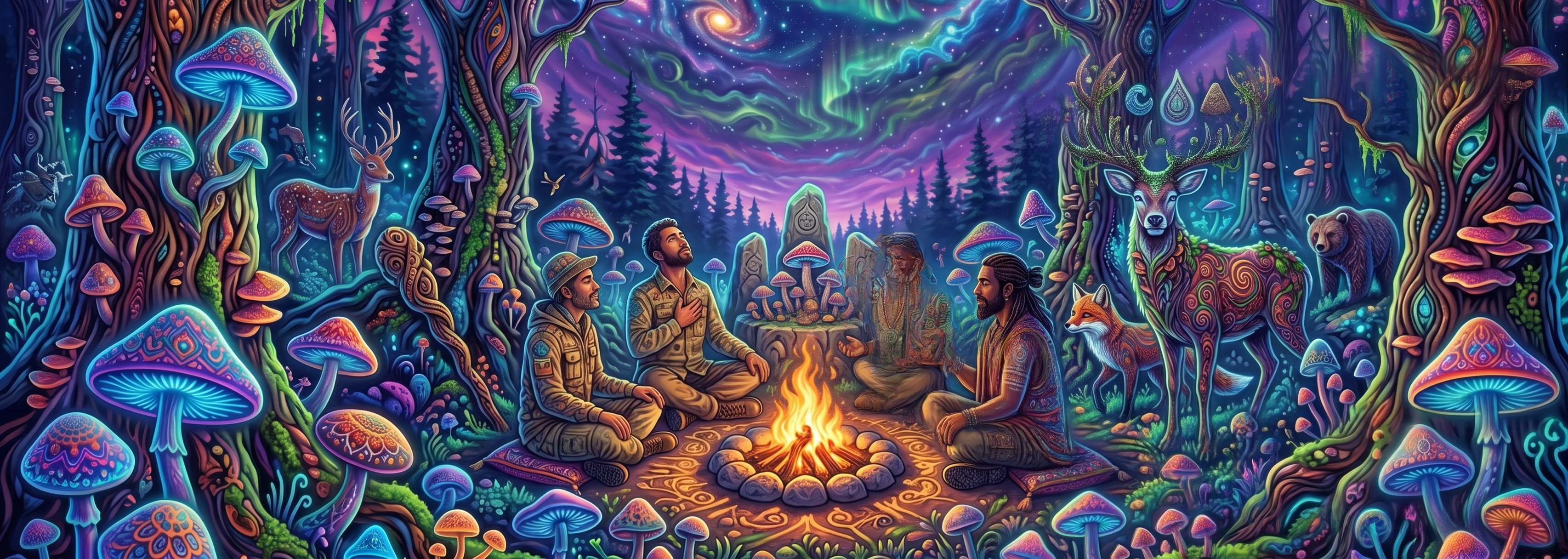 A visionary-art forest scene with figures gathered around a fire, surrounded by animals and glowing mushrooms