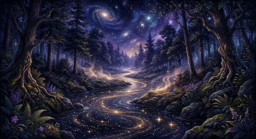 A winding river of light through a starlit forest, visionary-art style