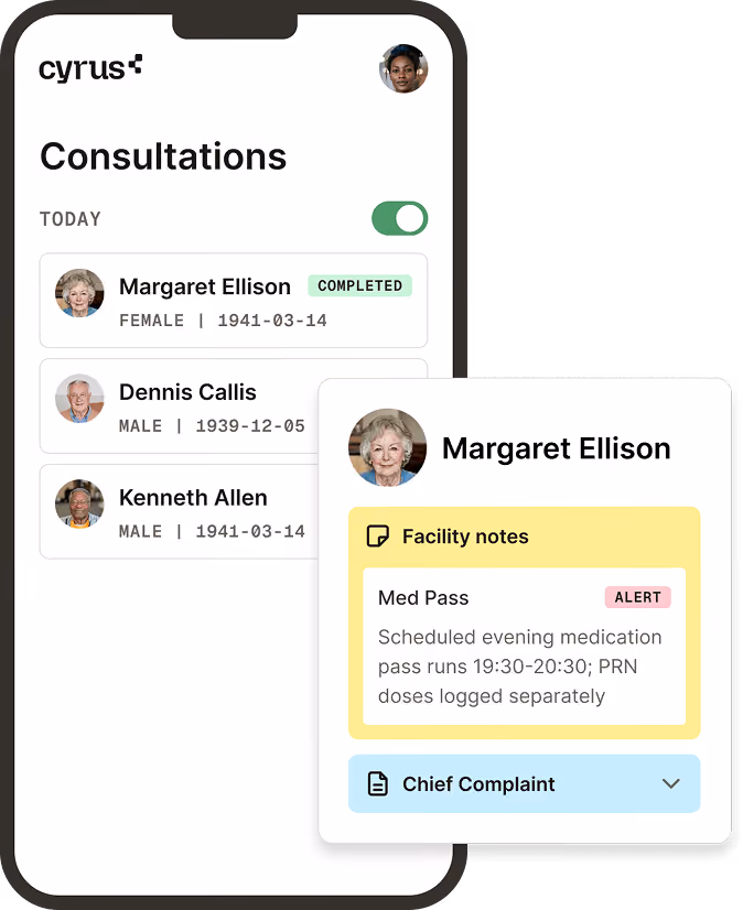 Mobile app screen showing consultations list for today with three patients: Margaret Ellison (female, born 1941-03-14, status completed), Dennis Callis (male, born 1939-12-05), Kenneth Allen (male, born 1941-03-14). A popup for Margaret Ellison displays facility notes highlighting a medication pass scheduled 19:30-20:30 with PRN doses logged separately, and an expandable section labeled Chief Complaint.