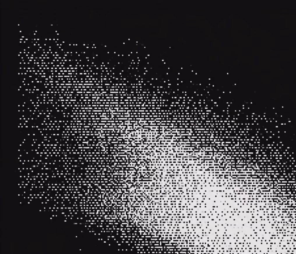 Abstract black and white pixelated pattern with a dense cluster of small white squares concentrated in the lower right corner, gradually dispersing and fading toward the upper left corner on a black background.