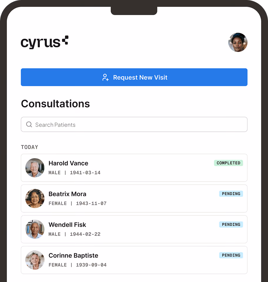 Tablet screen showing a medical app interface named Cyrus with a profile picture in the top right and a blue button labeled Request New Visit. Below is a Consultations section with a search bar and a list of four patient consultations for today: Harold Vance (male, dob 1941-03-14, status completed), Beatrix Mora (female, dob 1943-11-07, status pending), Wendell Fisk (male, dob 1944-02-22, status pending), and Corinne Baptiste (female, dob 1939-09-04, status pending).