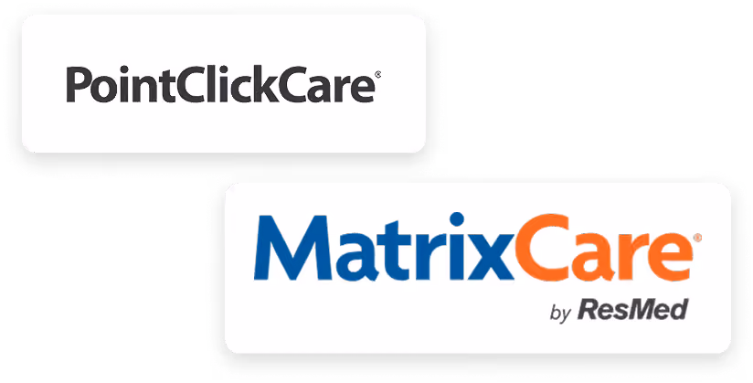 The logos of PointClickCare and MatrixCare by ResMed displayed on white rectangular backgrounds with subtle drop shadows.