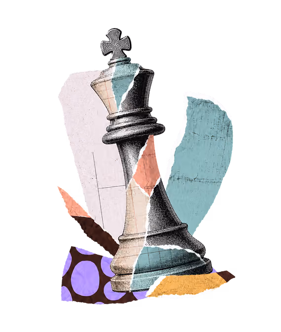 Black and white illustrated king chess piece with layered torn paper collage background in pastel colors including teal, purple, beige, and brown.