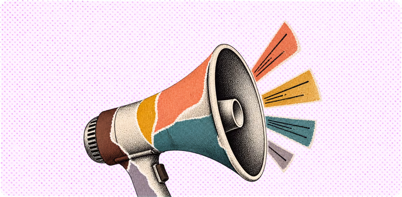 Illustration of a colorful megaphone emitting red, yellow, teal, and gray sound rays on a pink dotted background.