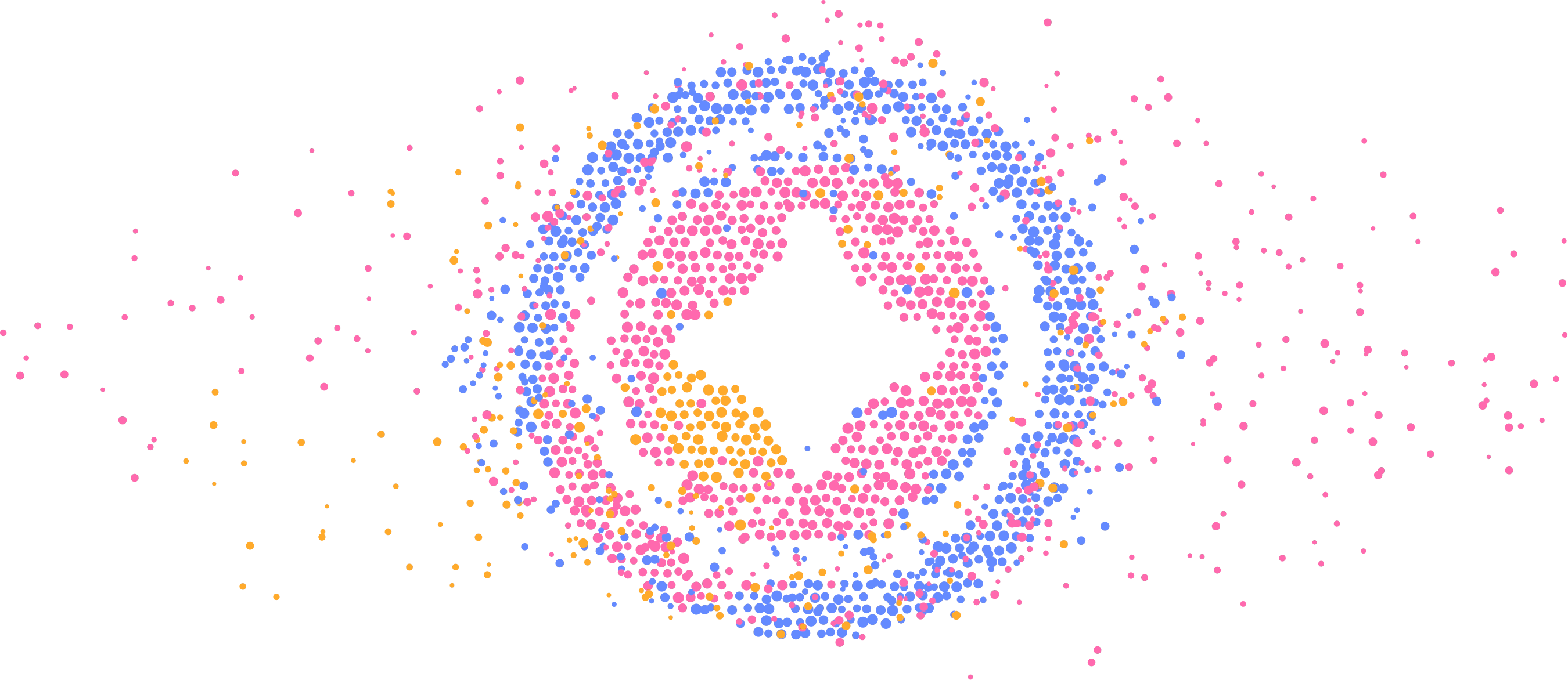 Abstract digital art of a circular pattern with a star-shaped cutout in the center, composed of scattered small particles in pink, blue, and orange on a black background.