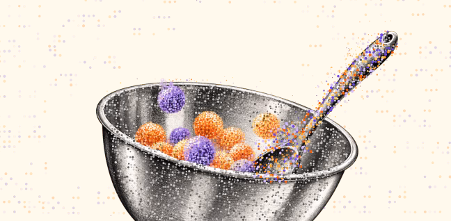 Illustration of a silver metal bowl with orange and purple spherical objects inside, with a spoon in the bowl, against a yellow background with scattered orange and purple dots.