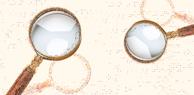 Two magnifying glasses with brown handles against a yellow background, surrounded by small scattered purple and pink dots.