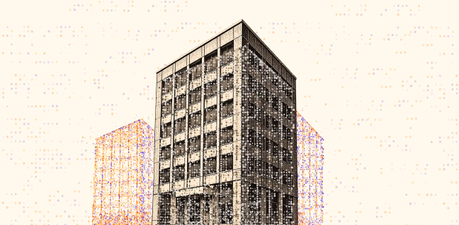 Illustration of a tall multi-story building in black-and-white with pixelated orange and purple outlines of the same building on a yellow background.