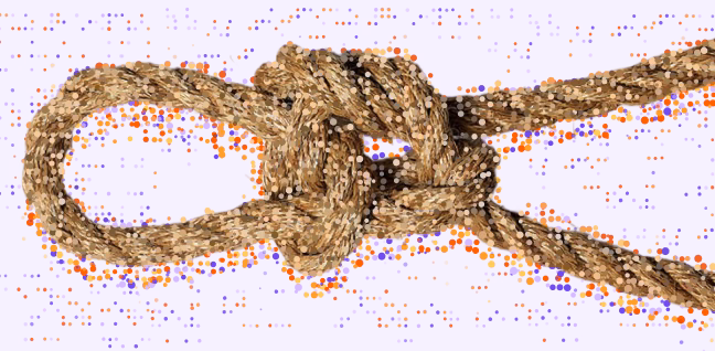 Close-up of a thick natural fiber rope tied in a secure knot against a light purple background with scattered small orange and purple dots.