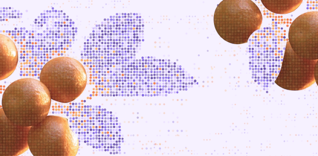 Abstract digital art showing clusters of brown spherical shapes with grid textures, surrounded by patterns of small purple and orange dots on a light purple background, forming vaguely floral or organic shapes.