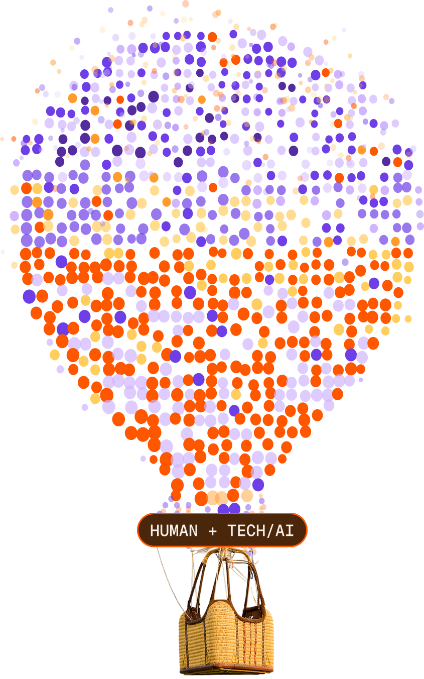 Illustration of a hot air balloon made of numerous small colored dots in purple, yellow, orange, and red tones above a wicker basket with a label reading 'HUMAN + TECH/AI'.