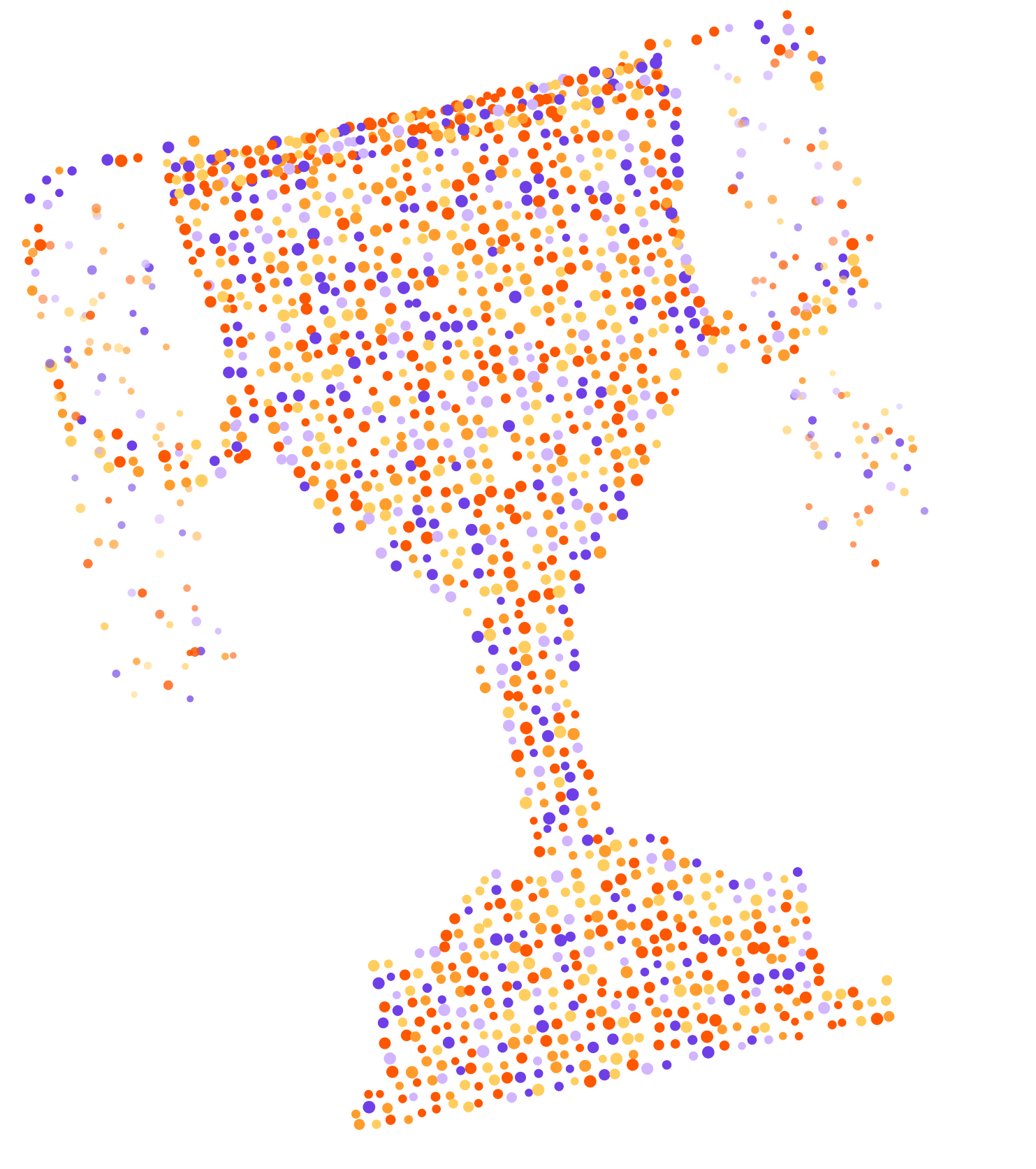 Abstract trophy cup icon formed by an array of small colored dots in purple, orange, and red.