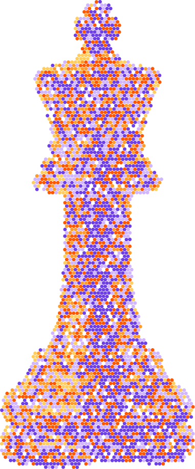 King chess piece formed by numerous small dots in purple, orange, red, and yellow colors.
