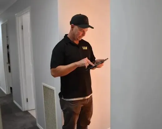 Andrew, the IBRV inspector, recording findings on a tablet inside a home