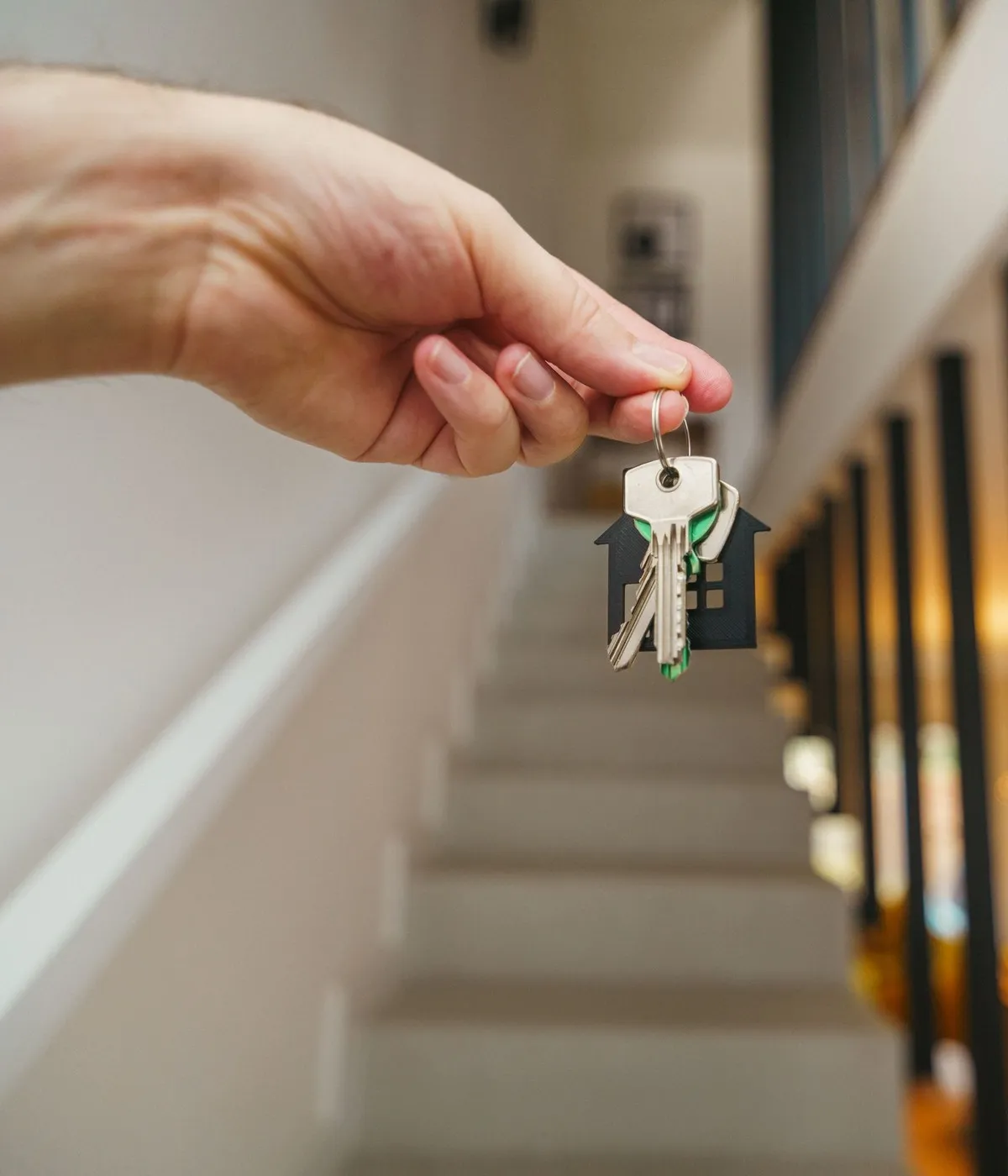 A hand holding house keys in the stairwell of a newly finished home
