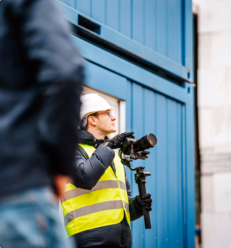 Man wearing a white hard hat, yellow safety vest, and black gloves holding a camera mounted on a stabilizer in front of a blue industrial door.