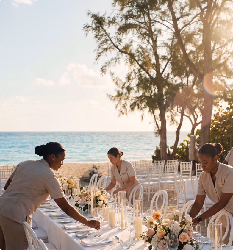 Three event staff members setting a long dining table with white linens, floral centerpieces, candles, and glassware on a beach with ocean and trees in the background during sunset.