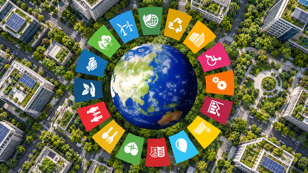 Earth surrounded by Sustainable Development Goal icons above a forest canopy