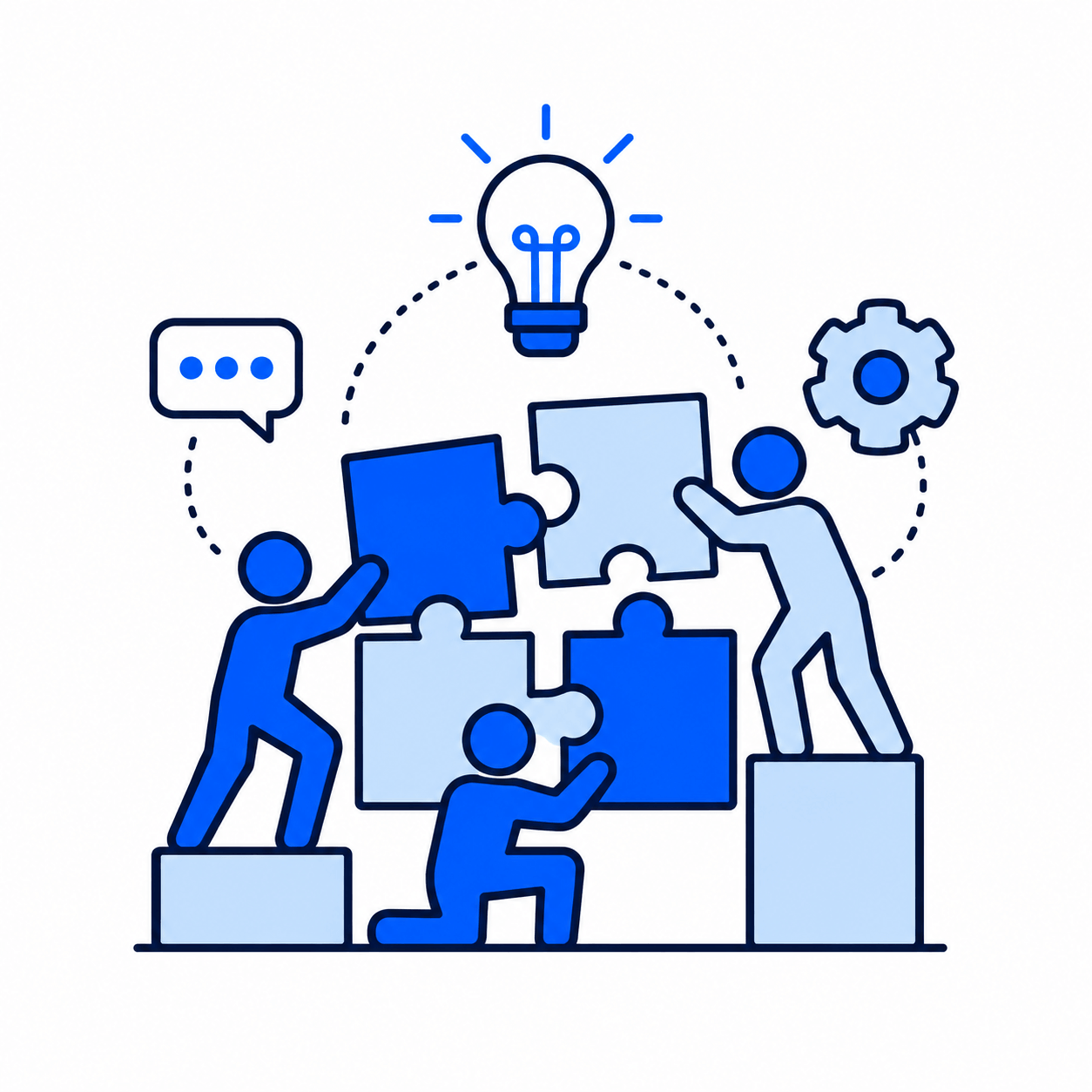 Illustration of people working together around shared ideas, representing collaboration