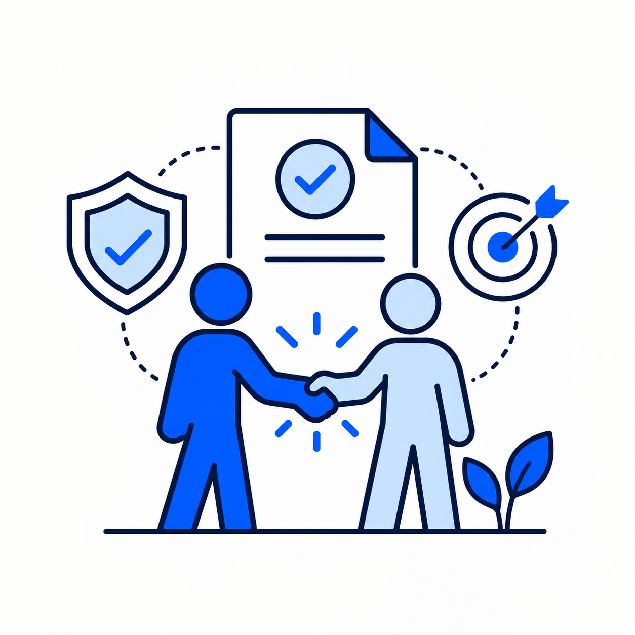 Illustration of two people shaking hands beside a signed agreement, representing keeping our word
