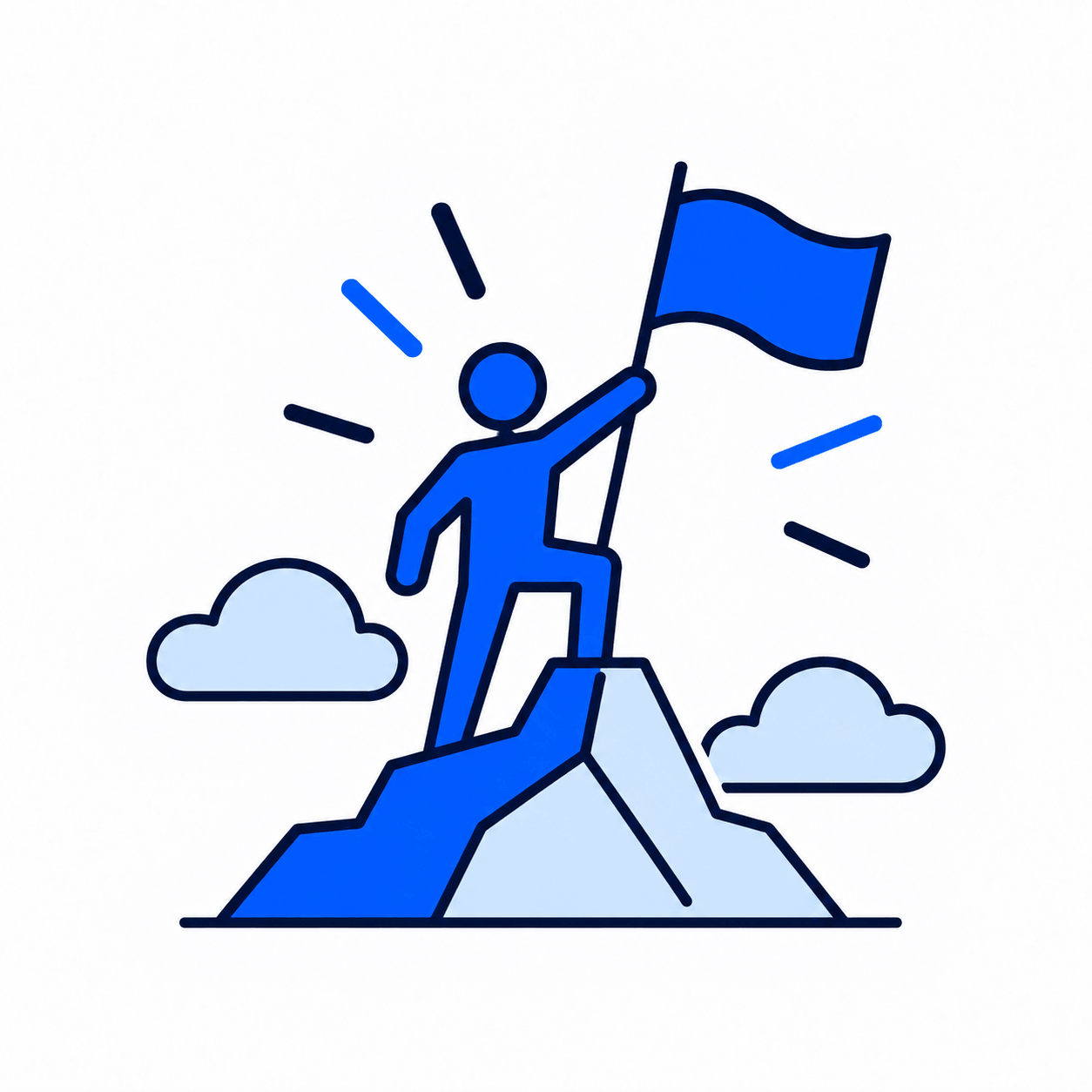 Illustration of a person planting a flag on a mountain peak, representing being bold
