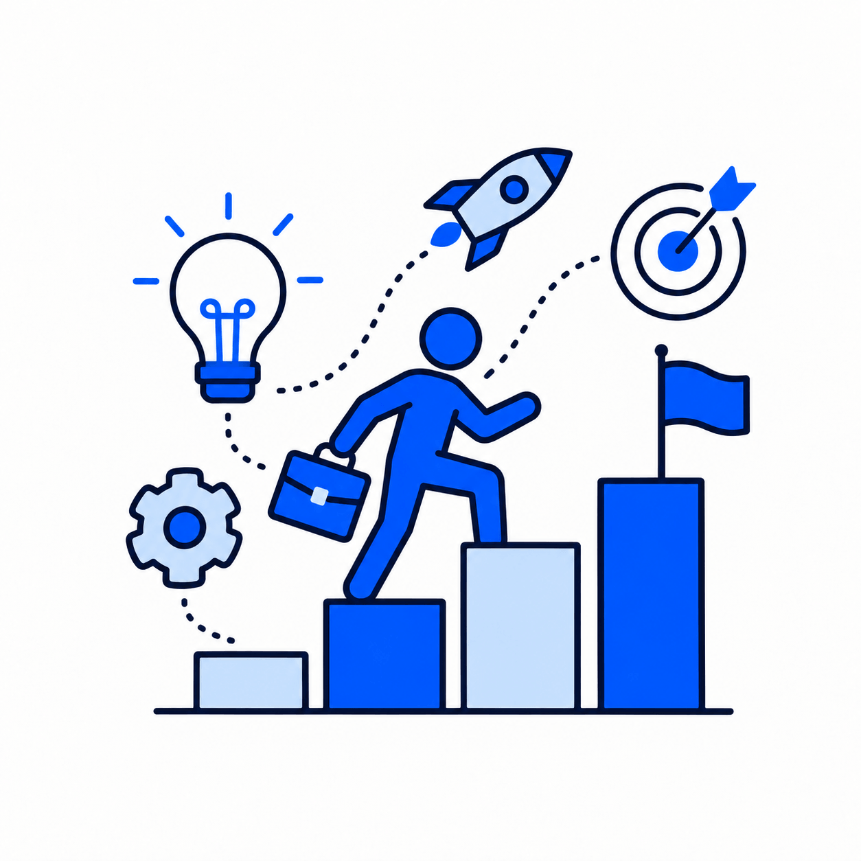 Illustration of a person climbing rising steps towards a rocket, representing being enterprising