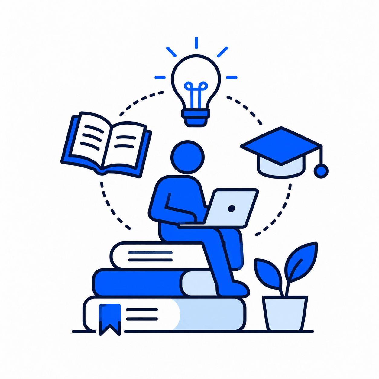 Illustration of a person studying with books and a lightbulb, representing being learners