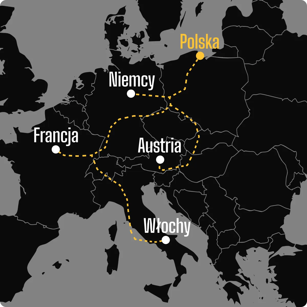 Mapa Europy z trasą łączącą Gdańsk, Niemcy, Francję, Austrię i Włochy linią przerywaną.