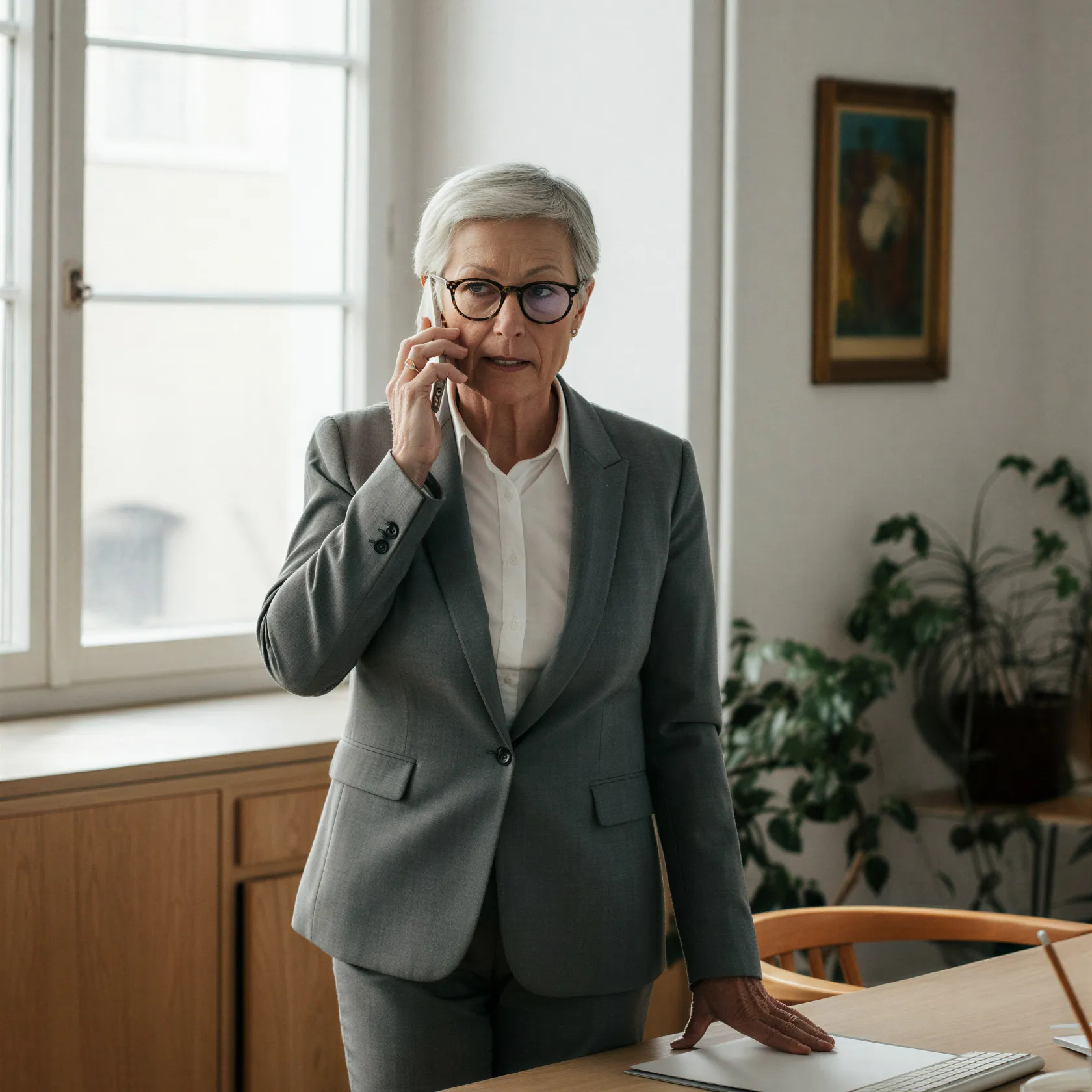 Mature woman in a gray suit talking on a smartphone in an office setting.