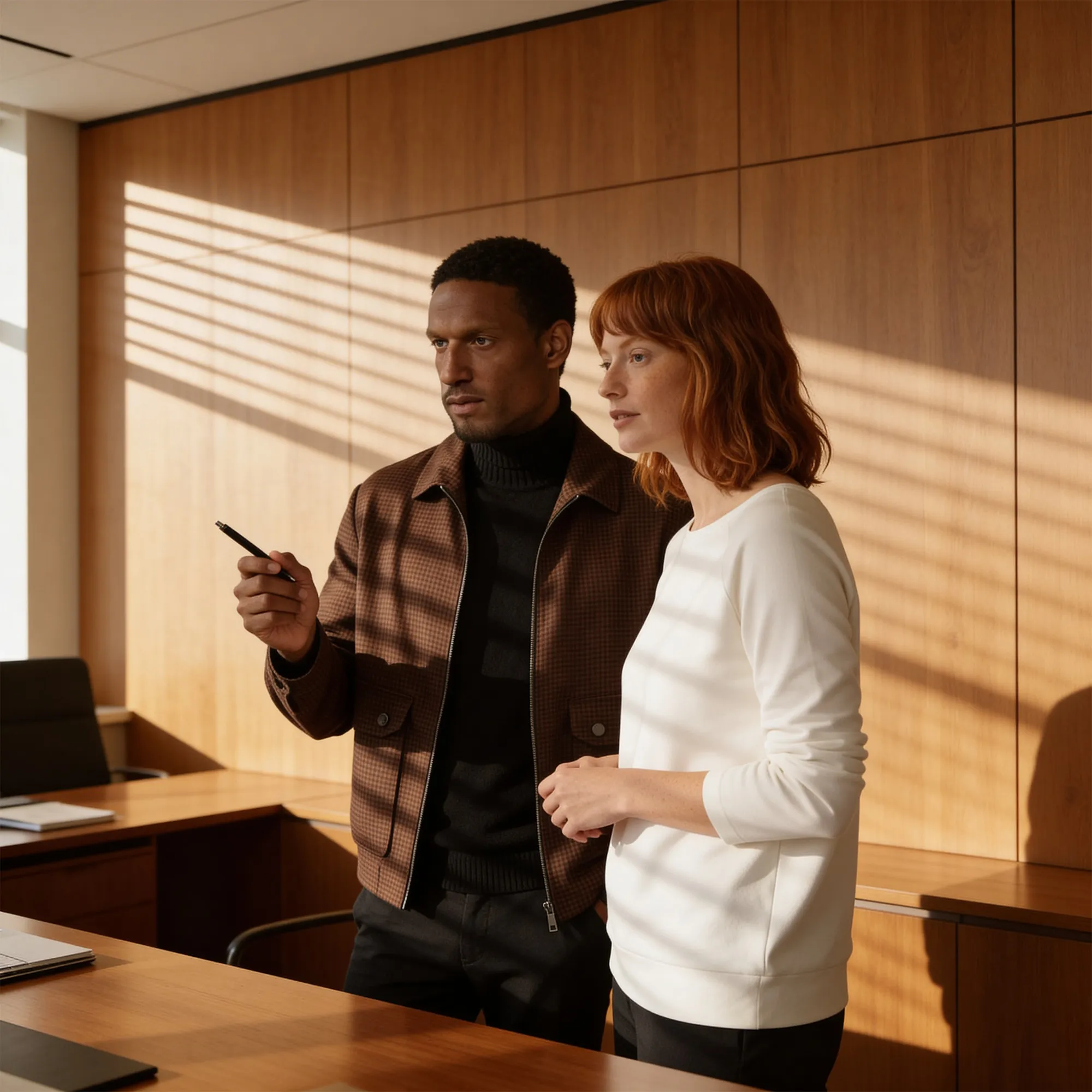 Man and woman standing in an office with wood paneling, looking focused, the man points with a pen.