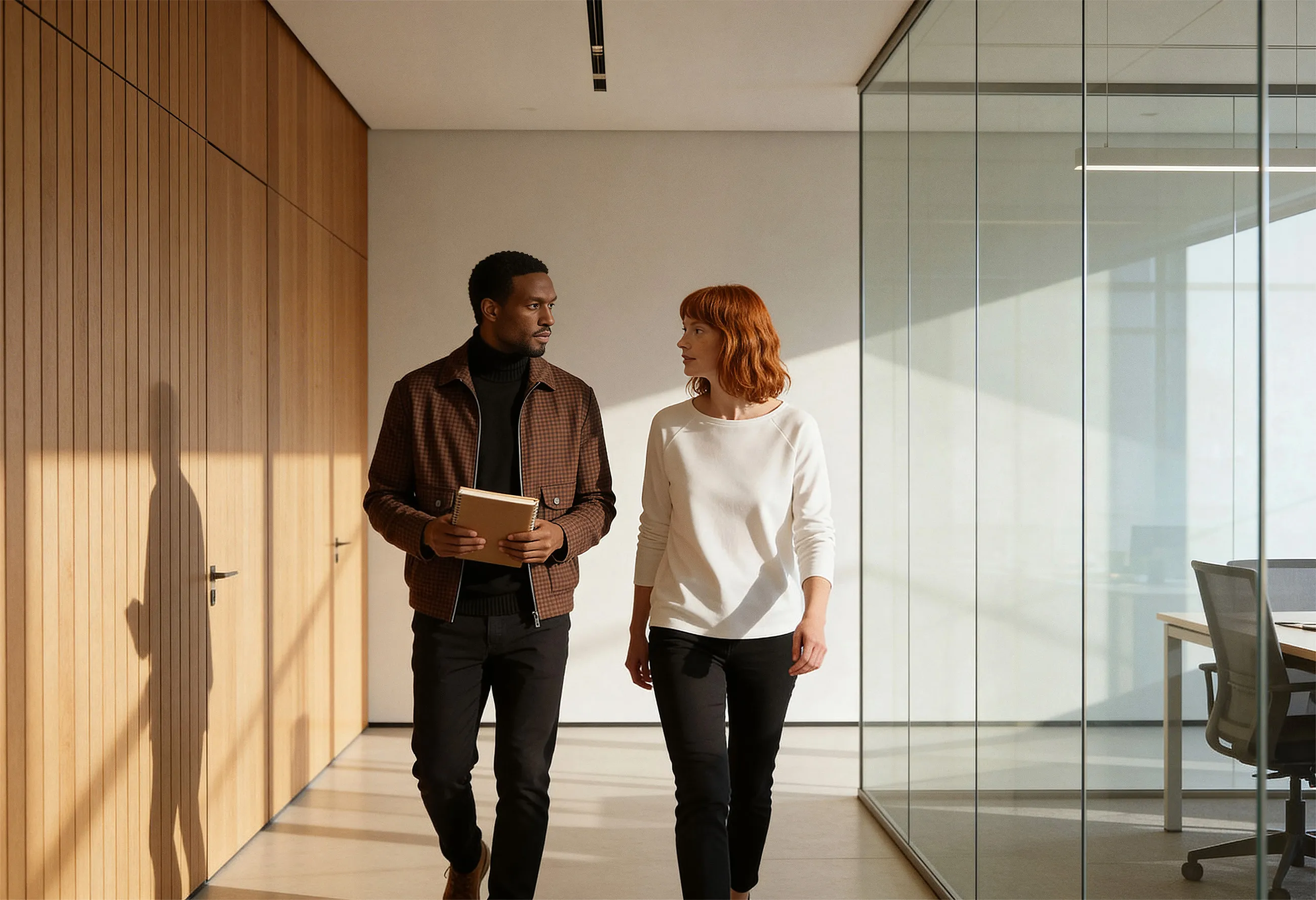 Man and woman walking and talking in a modern office corridor with glass walls and wooden panel doors.
