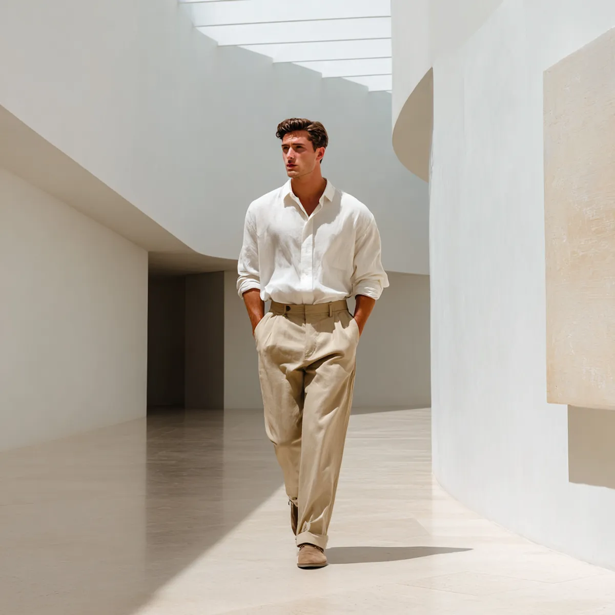 Man wearing a white shirt and beige trousers walking in a bright minimalist interior with curved white walls and skylight.