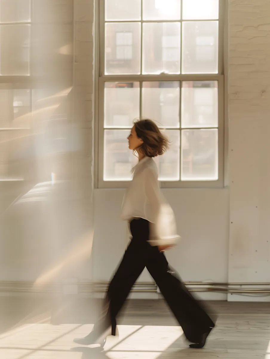 Woman in a white blouse and black pants walking indoors in front of a large window with sunlight casting shadows.