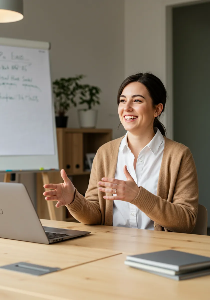 Smiling woman gesturing while sitting at a desk with a laptop in a modern office.