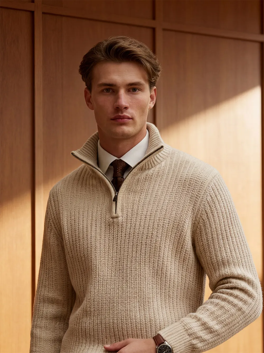 Young man wearing a beige knit sweater over a white shirt and brown tie, standing against a wooden panel background.