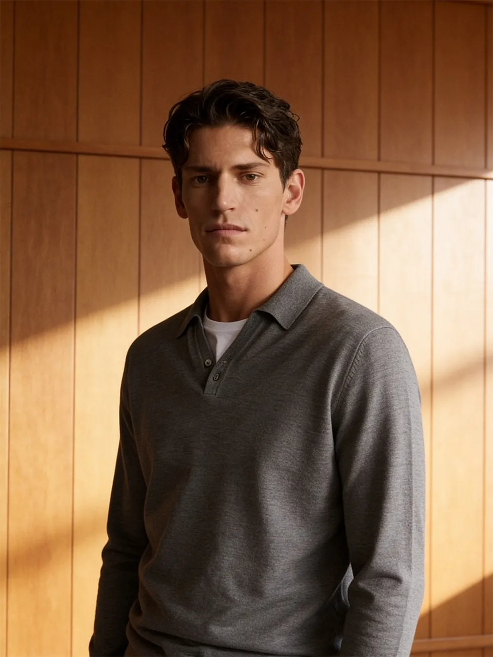 A man standing in front of a wooden wall.