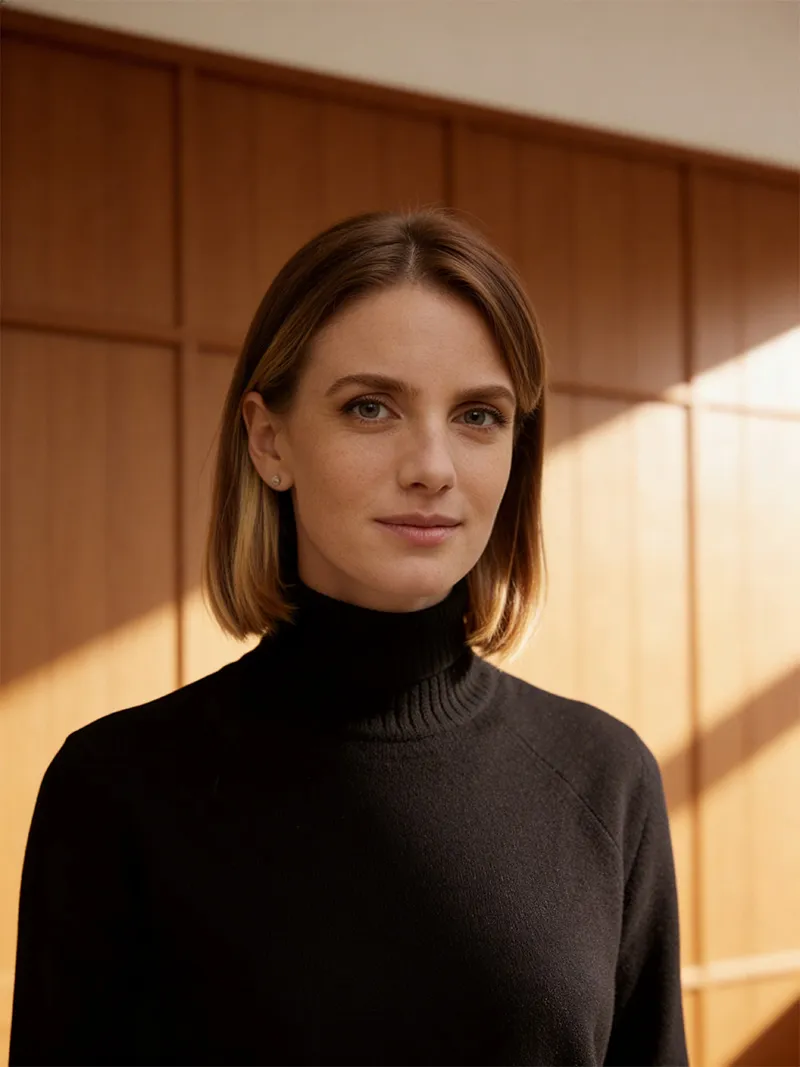 A woman standing in front of a wooden wall.