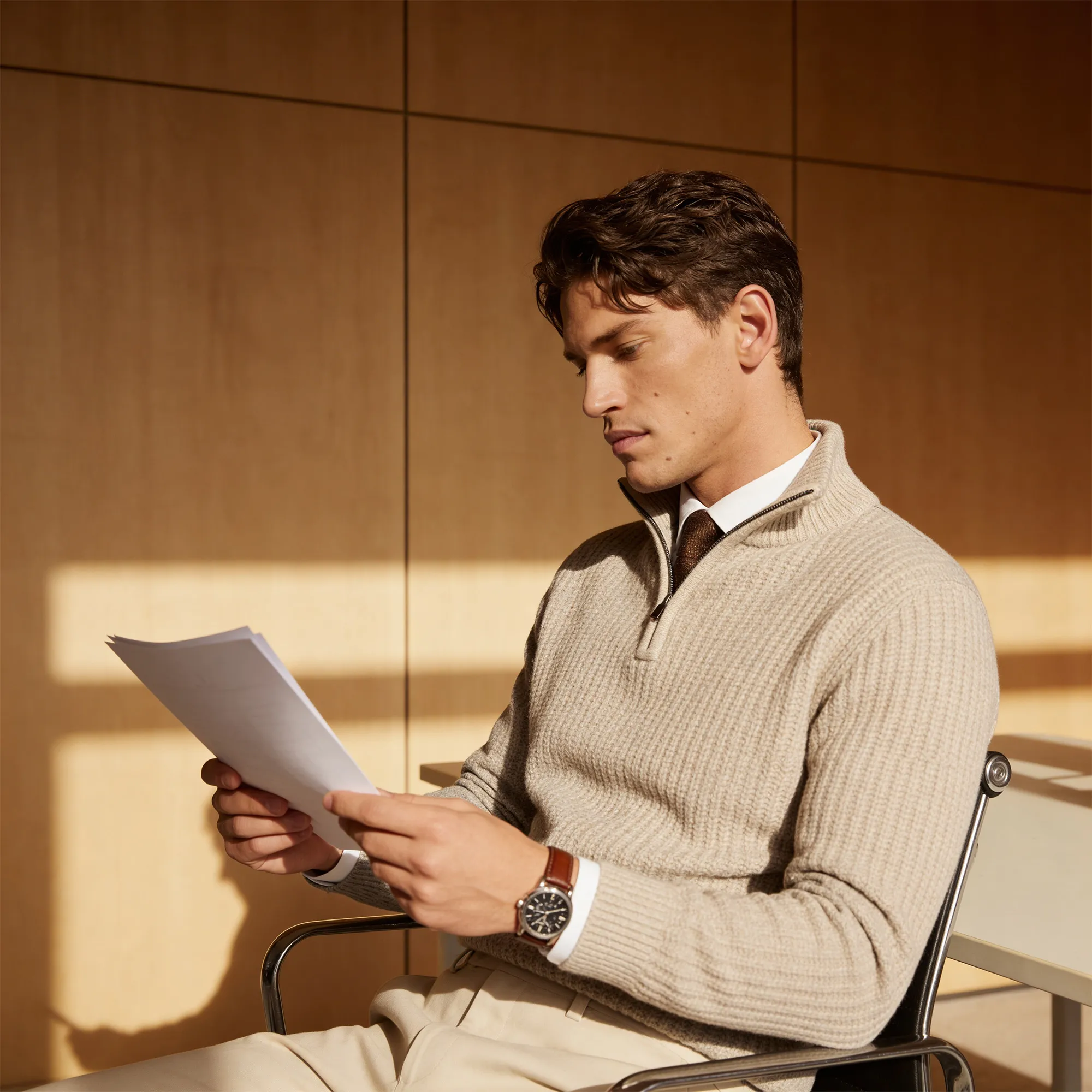 A man sitting in a chair reading a piece of paper.