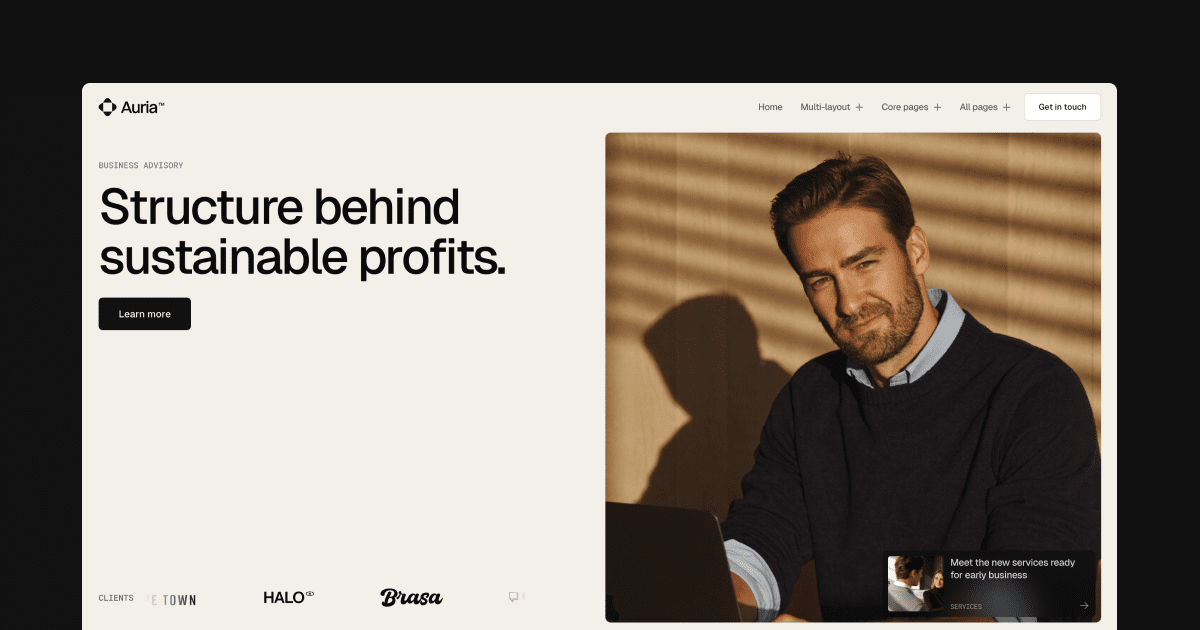 preview of auria webflow template header