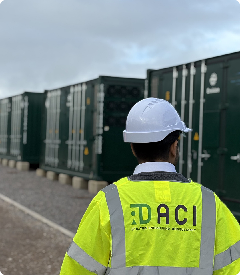 Man in safety gear standing with arms crossed beside solar panels under clear blue sky.